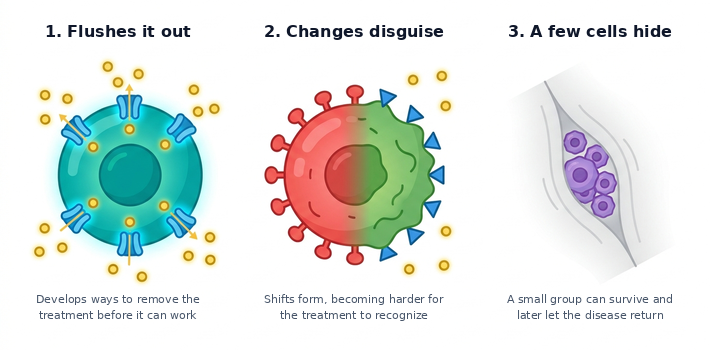 Three-panel diagram showing how cancer treatment resistance develops: cells flushing out the drug, changing disguise to avoid recognition, and a few cells hiding to let the disease return